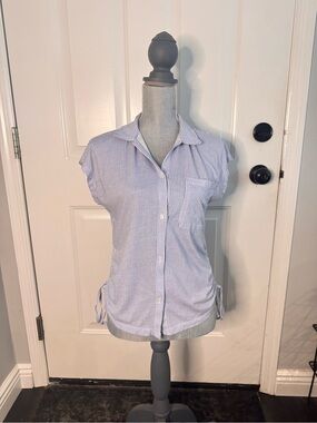 Blue & White Striped Cap Sleeve Button-Down Top